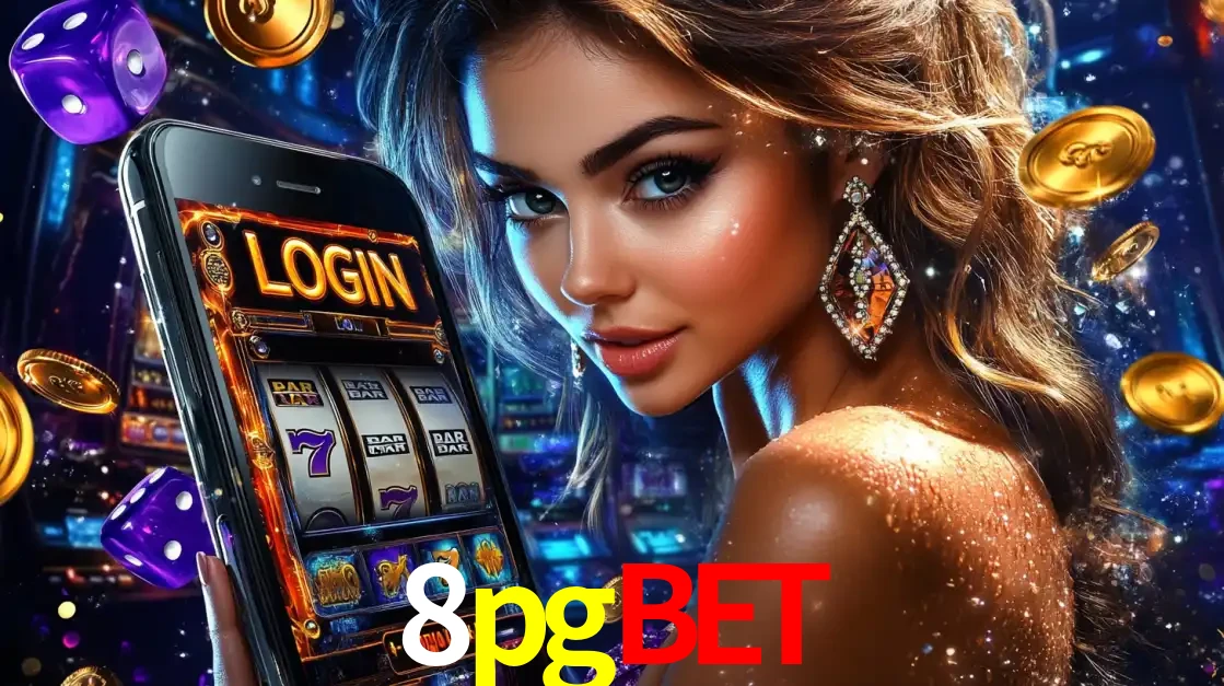 Mulher glamorosa segurando um smartphone com a tela de login para os jogos de caça-níqueis do cassino online 8pgbet, com moedas de ouro e dados ao redor.