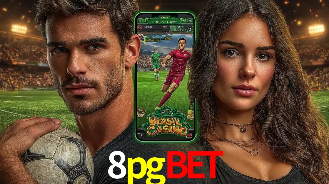 Homem segurando uma bola de futebol e uma mulher ao lado de um smartphone exibindo o jogo de apostas esportivas da 8pgbet. Faça seu palpite no cassino online.